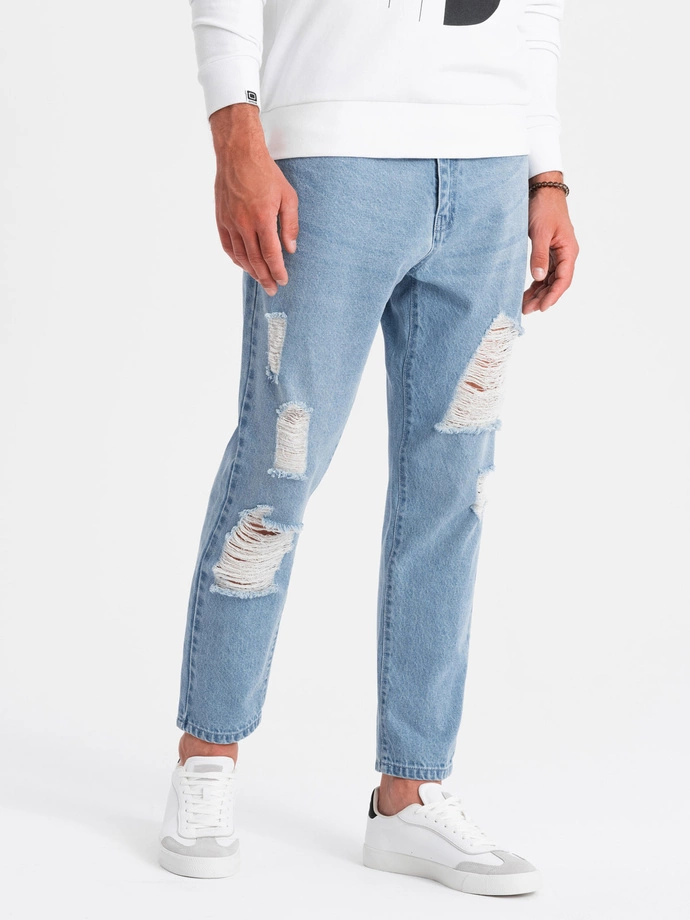 Pantaloni din denim TAPERED FIT pentru bărbați cu găuri - albastru deschis V1 OM-PADP-0175