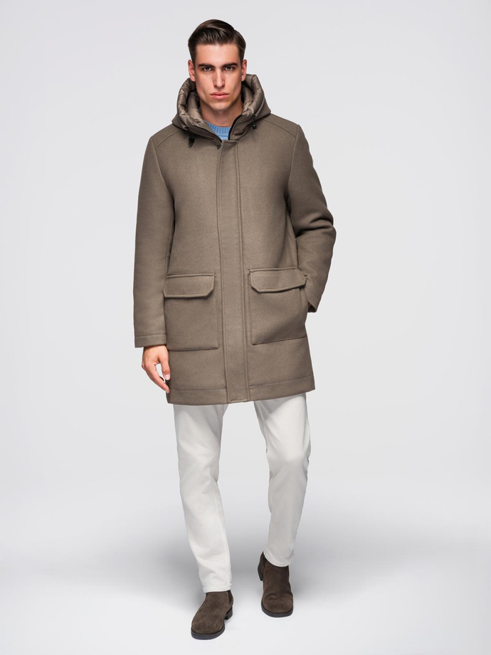 Men's parka coat with wool and hood - khaki V2 OM-COWC-0132