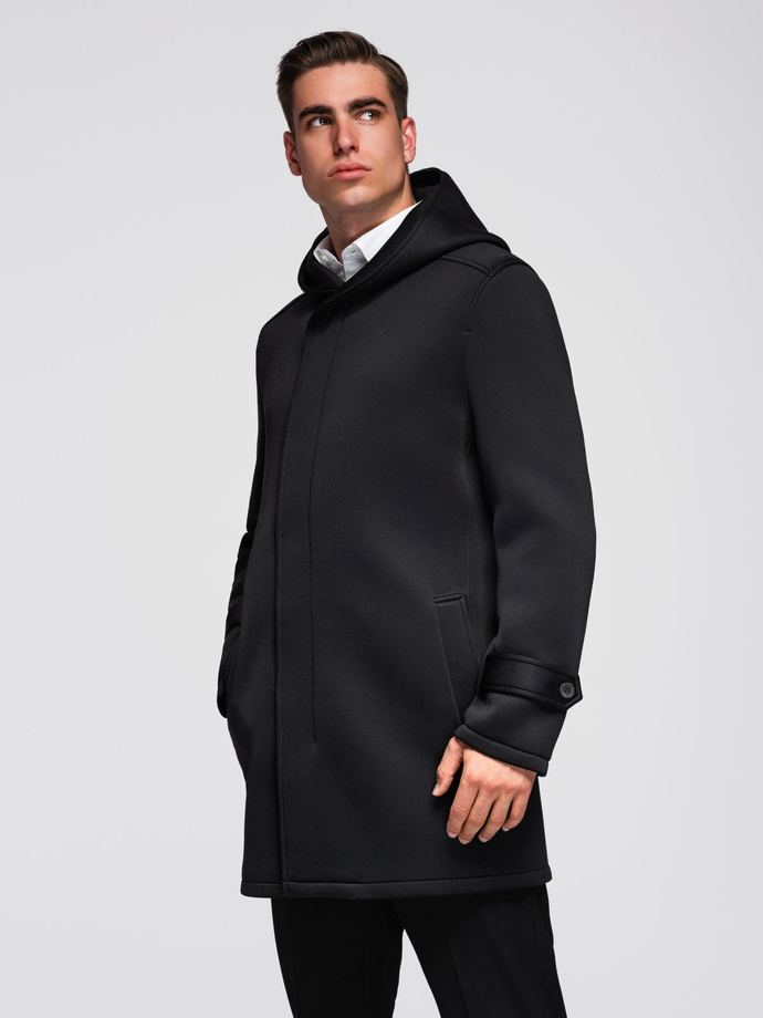 Men's minimalist medium length coat with hood - black V4 OM-COLC-0144