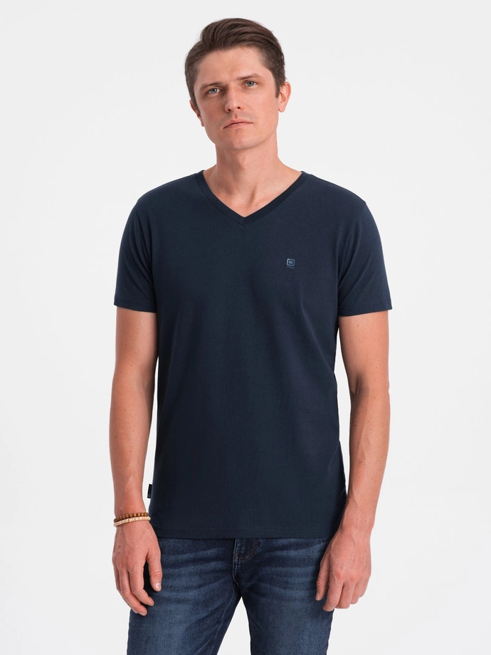 Pánske tričko V-NECK s elastanom - tmavomodré V2 OM-TSCT-0106