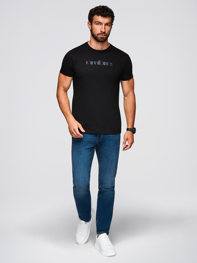 Men's t-shirt with embroidery on chest - black V1 OM-TSPT-0248