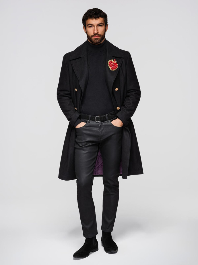 Men's double-breasted wool coat with decorative appliqués - black V1 OM-COWC-0147
