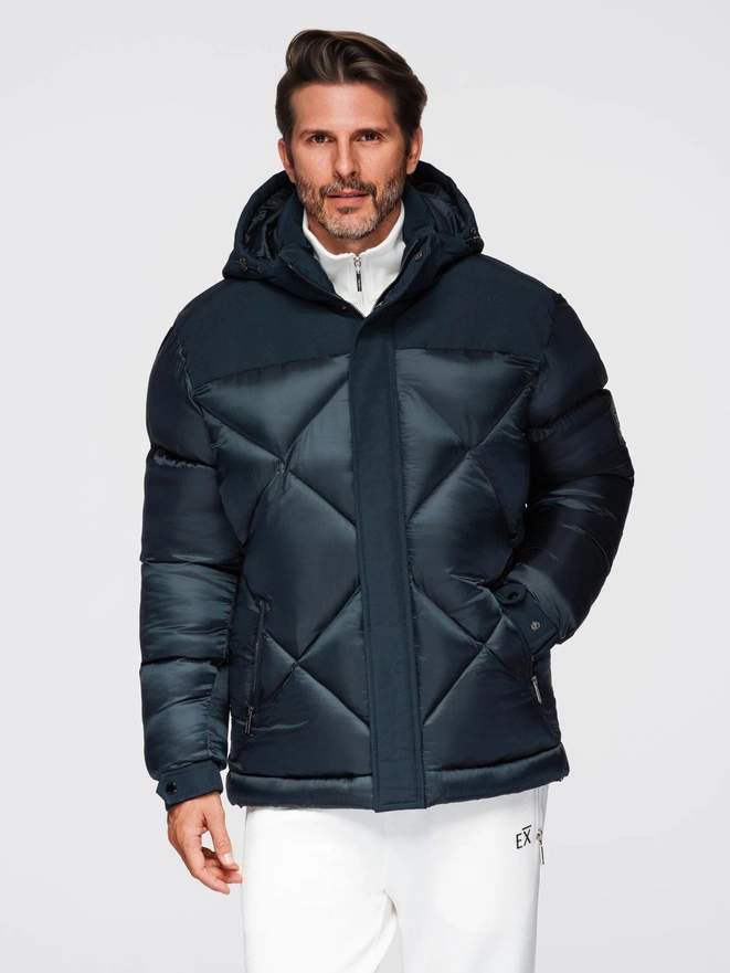 Men's quilted jacket with high zipped hood - black V1 OM-JAHP-0238