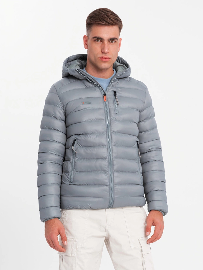 Men's quilted jacket with hood - gray V2 C549