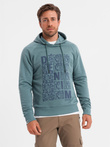 Men's non-stretch kangaroo sweatshirt with hood and print - turquoise V2 OM-SSPS-0158