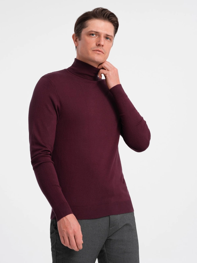 Men's single color knitted turtleneck with viscose - maroon V4 OM-SWTN-0101