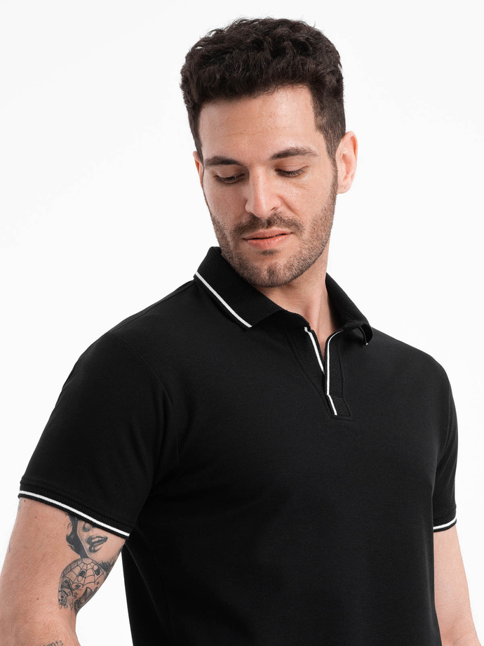 Men's pique knit polo shirt without buttons - black V2 OM-POSS-0110