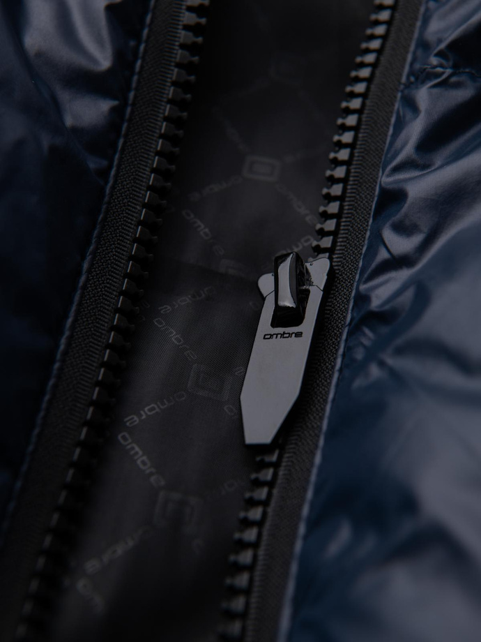 Warm men's puffer jacket with welts - navy blue V2 OM-JAHP-0207