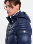 Heavily insulated quilted men's jacket with detachable hood - navy blue V2 OM-JAHP-22FW-010