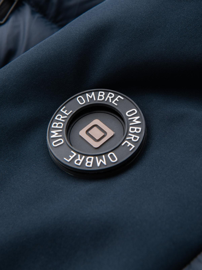 Pikowana kurtka męska z łączonych materiałów z wysokim kołnierzem – granatowa V2 OM-JALP-0172