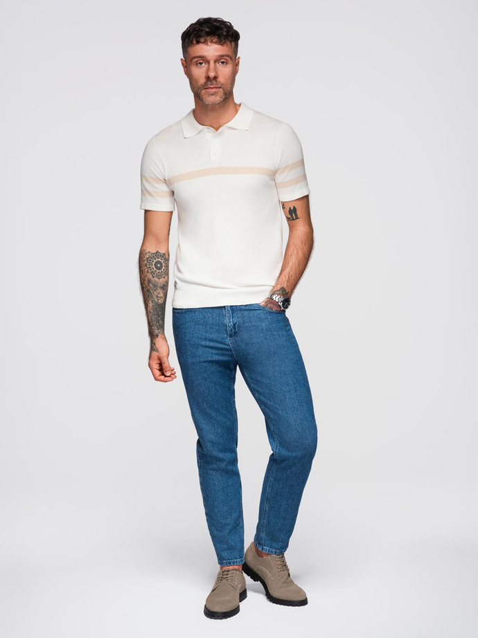 Vyriški minkšto trikotažo polo marškinėliai su kontrastingomis juostelėmis - kreminiai V3 OM-POSS-0118