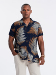 Men's patterned viscose shirt with short sleeves - fern V3 OM-SHPS-0113