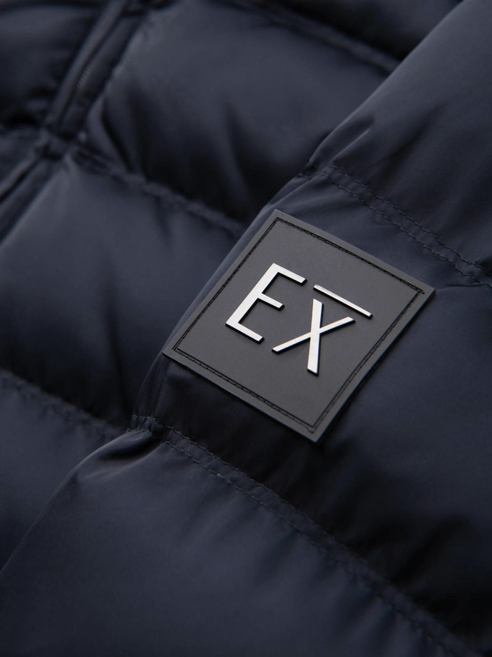 Men's quilted jacket with sheen and stand-up collar - dark blue V2 OM-JALP-0218