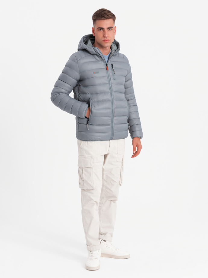 Men's quilted jacket with hood - gray V2 C549