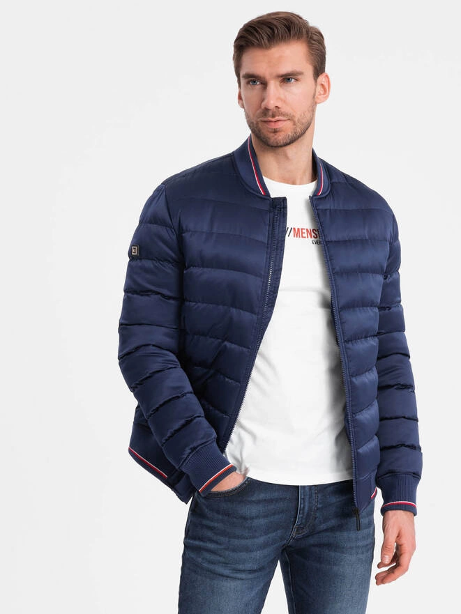 Men's satin finish bomber jacket with contrasting ribbed cuffs - dark blue V2 OM-JALP-22FW-007