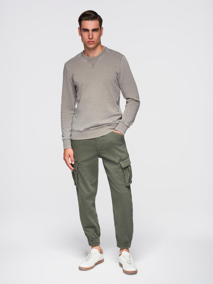 Hanorac bărbătesc spălat cu cusături decorative la decolteu - bej V2 OM-SSDS-0131