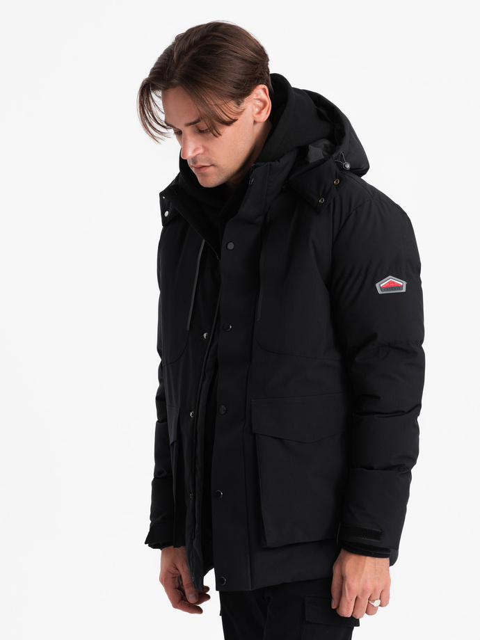 Men's winter jacket with detachable hood and cargo pockets - black V3 OM-JAHP-0152