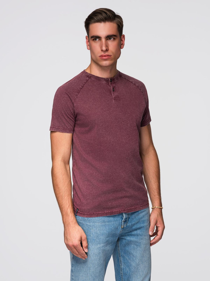 Tricou pentru bărbați cu efect de spălare și nasturi la decolteu - burgundy V3 OM-TSWT-0150