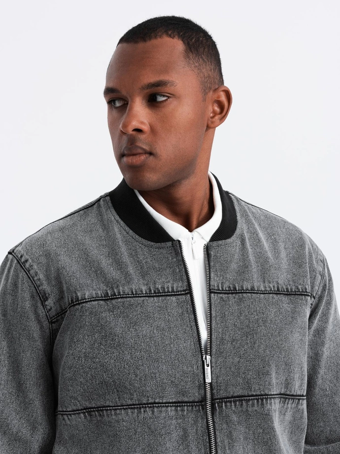 Men's denim bomber jacket with stone wash effect - grey V1 OM-JADJ-0163
