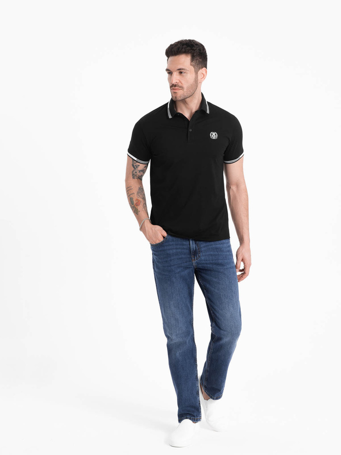 Men's elastane polo shirt with contrasting elements - black V2 OM-POSS-0123