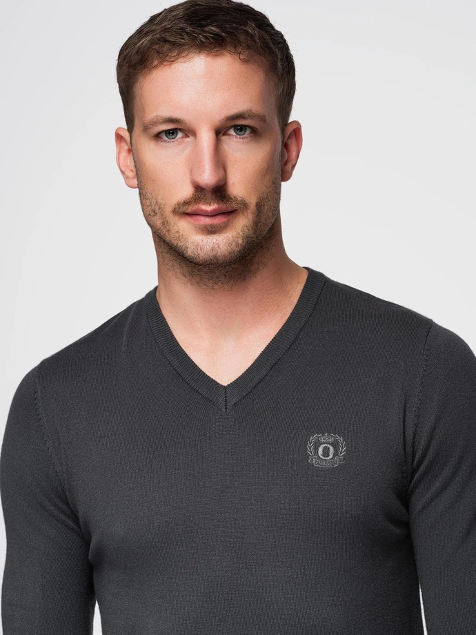 Elegant men's sweater with a heart neckline - graphite V17 OM-SWBS-0107