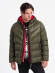Men's quilted winter jacket with combined materials - dark olive green V3 OM-JAHP-0145