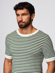 Tricou bărbătesc tricotat cu dungi marinărești și țesătură ajurată - măsline și alb V3 OM-TSCT-0255