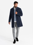 Men's coat with asymmetrical fastening and high collar - navy blue V3 OM-COWC-0120