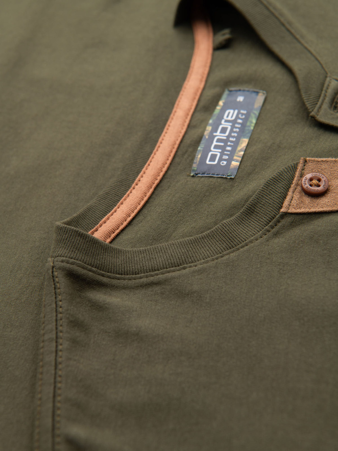 Men's T-shirt with button neckline and suede trim - dark olive V5 OM-TSCT-0206