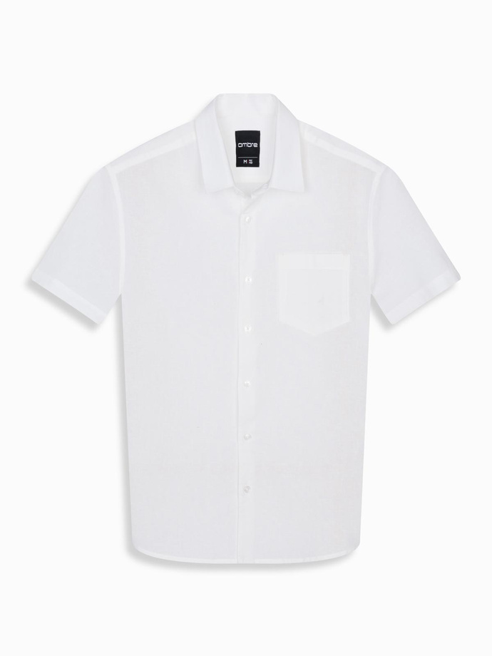 Men's short-sleeved linen-cotton shirt with pocket - broken white V1 OM-SHSS-0167