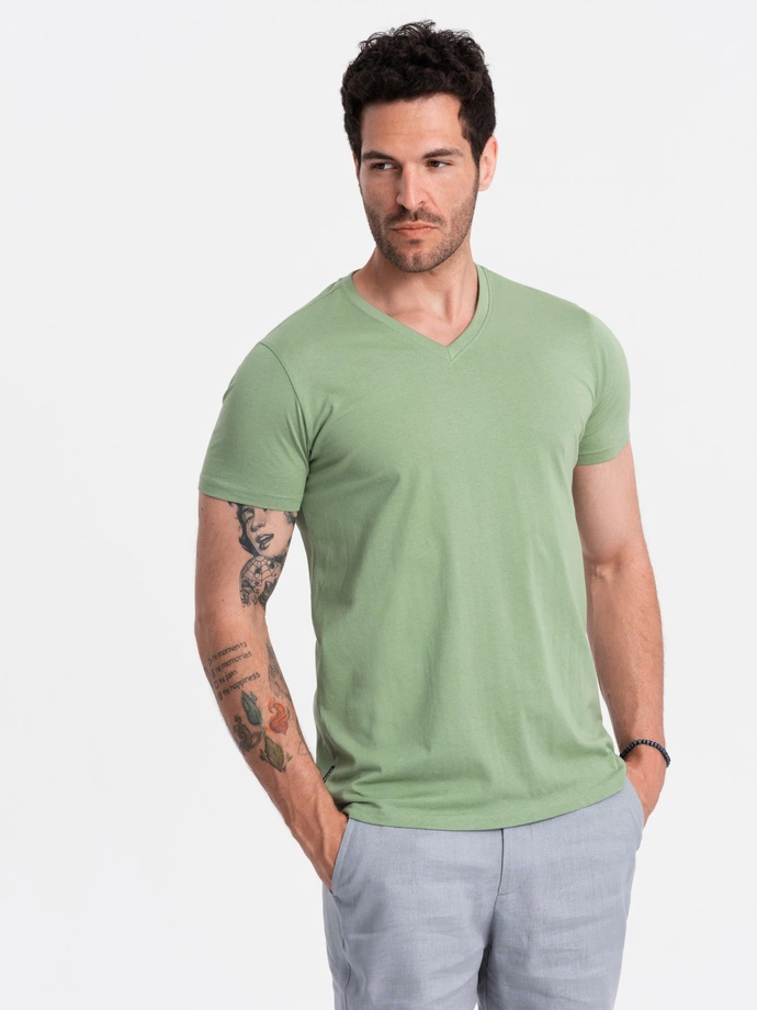 Bumbac clasic pentru bărbați BASIC tricou cu guler în V - verde V11 OM-TSBS-0145