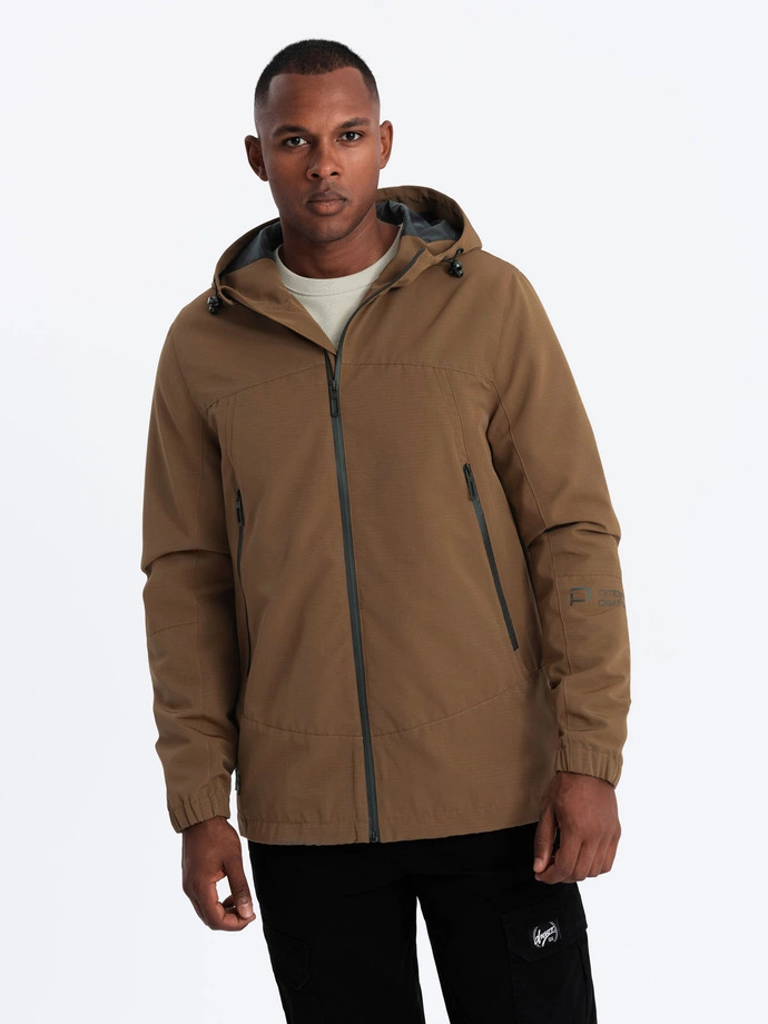 Men's lightweight storm jacket with hood - brown V2 OM-JANP-0191