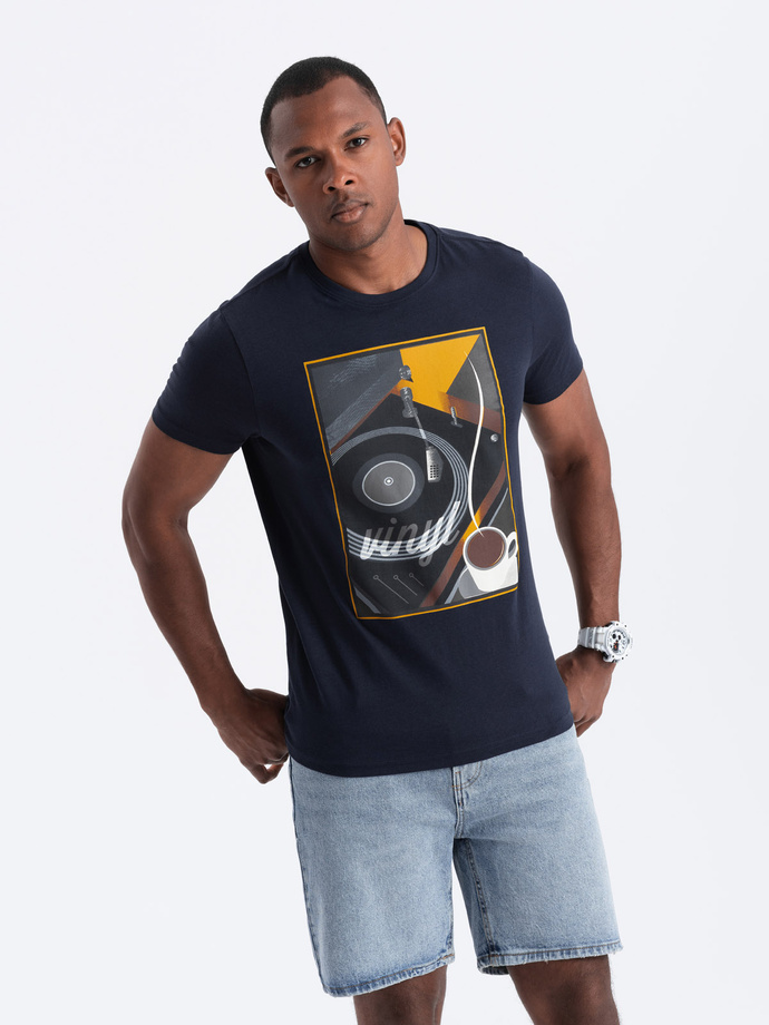 Tricou bărbătesc din bumbac imprimat cu vinil - albastru marin V2 OM-TSPT-0119