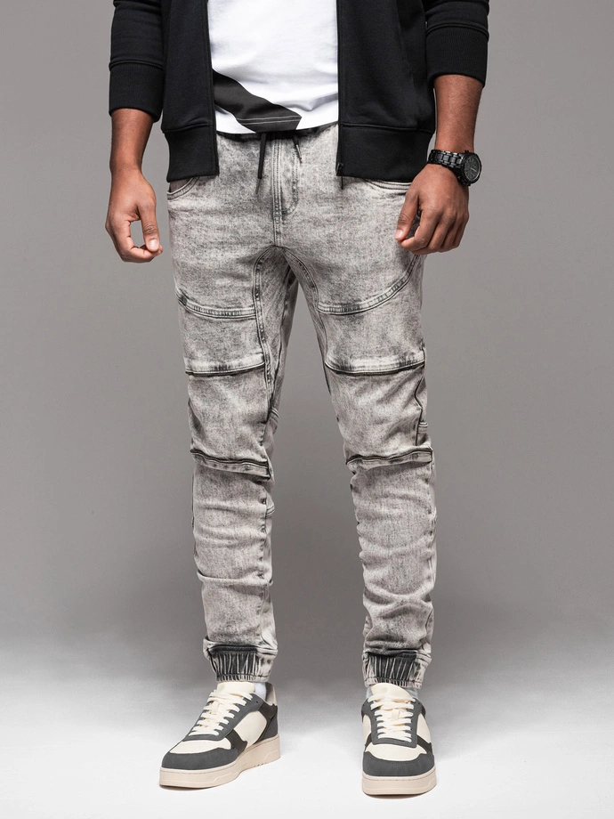 Men's denim jogger pants with rips and zippers - gray V4 OM-PADJ-0243