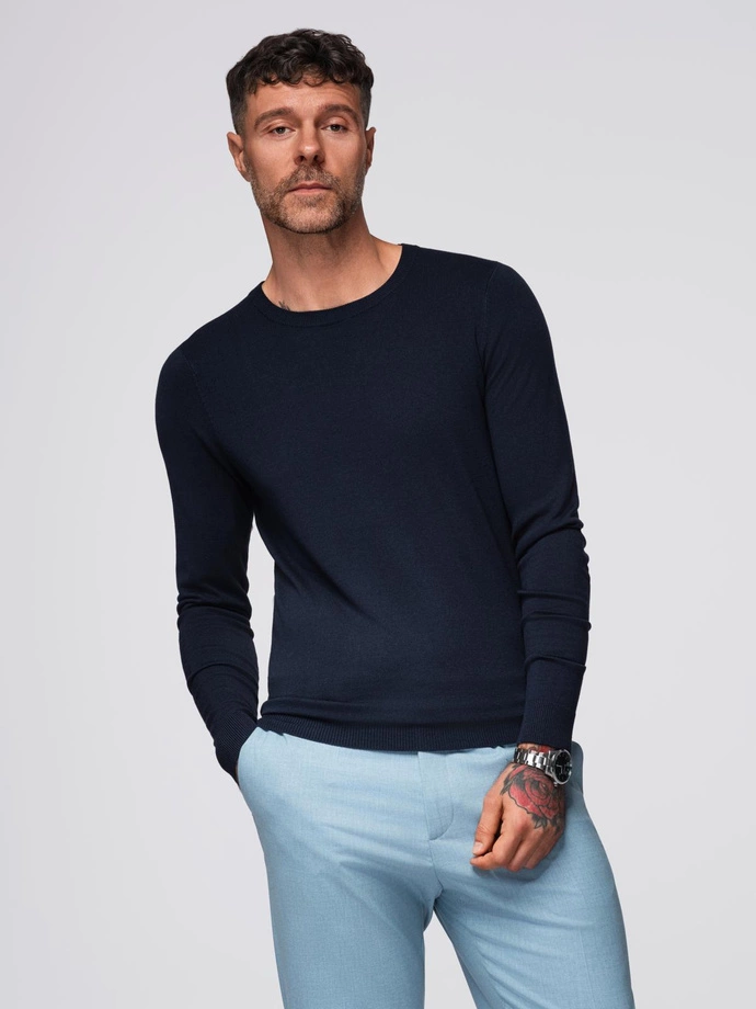 Classic men's sweater with round neckline - navy blue V9 OM-SWBS-0106