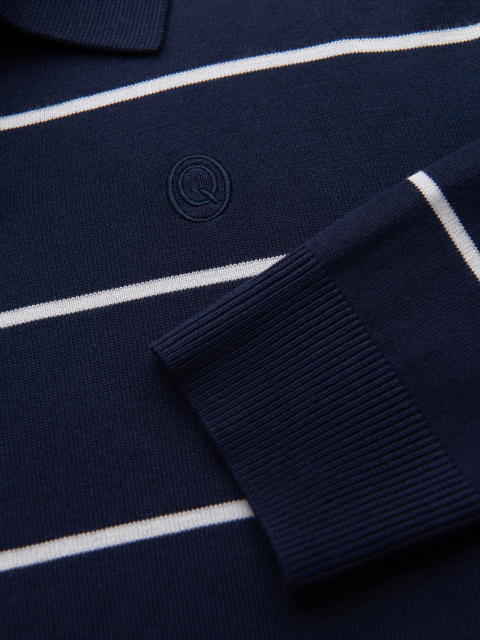 Men's horizontal striped polo longsleeve with viscose - navy blue and white V1 OM-POLS-0146