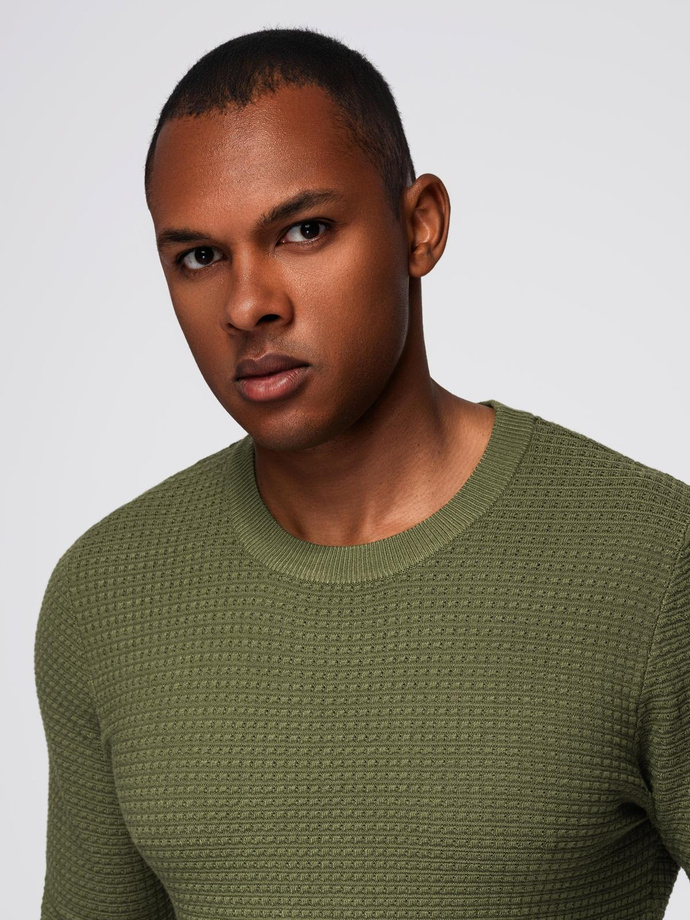Structured men's sweater with round neckline - olive V1 OM-SWSW-0181