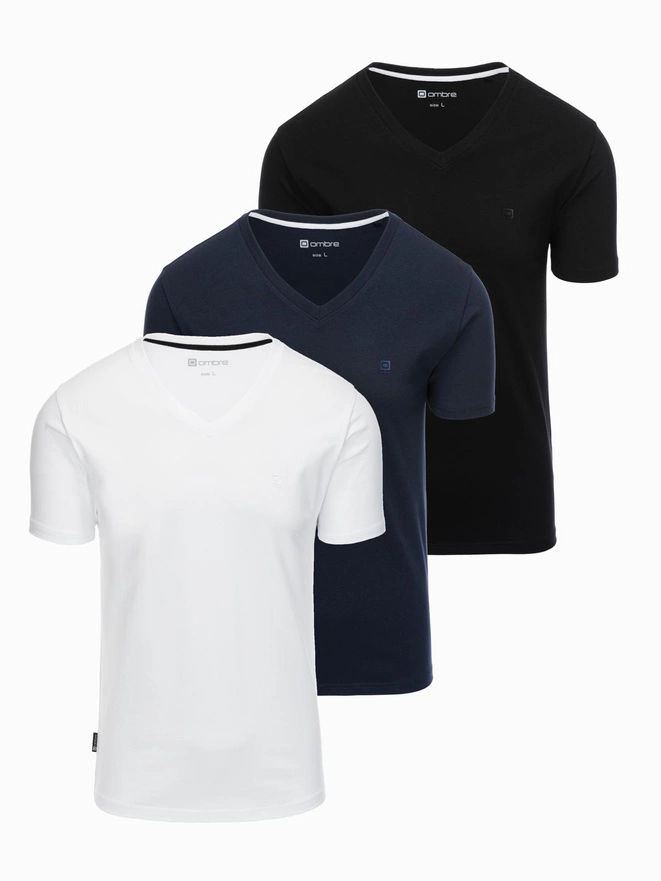 Set of shirts with V neckline and elastane and subtle logo 3-pack - mix white/ navy/black V1 Z100