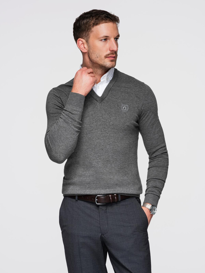 Men's sweater with a "v-neck" neckline with a shirt collar - graphite V3 OM-SWSW-0102