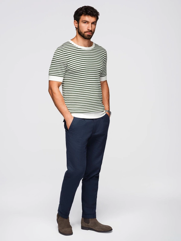 Men's knitted t-shirt with navy stripes and openwork weave - olive and white V3 OM-TSCT-0255