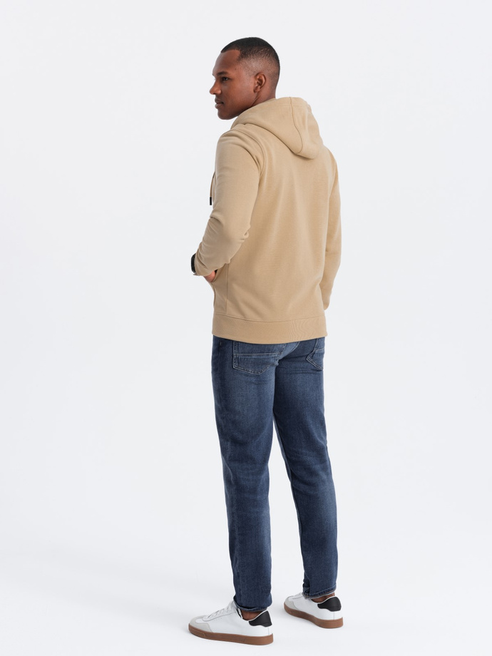 Men's unbuttoned sweatshirt with hood and patch - sand V2 OM-SSZP-0140