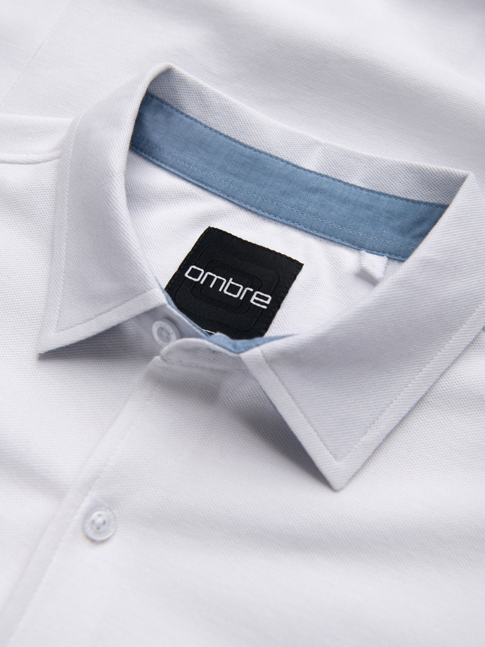 Men's knitted slim fit shirt with short sleeves and collar - white V1 OM-SHSS-0100
