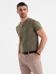 Tricou bărbătesc cu decolteu cu nasturi și căptușeală din piele de căprioară - dark olive V5 OM-TSCT-0206