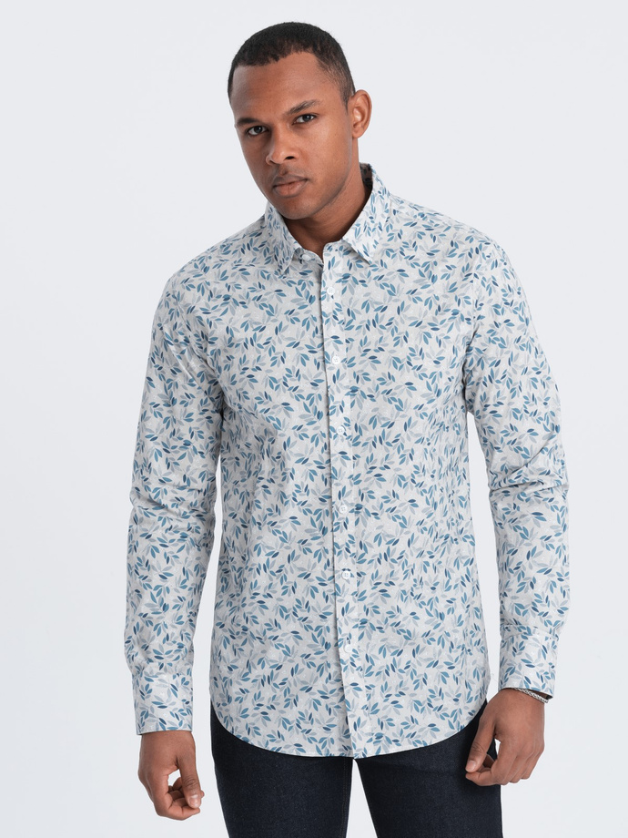 Men's SLIM FIT shirt in twig print - blue-gray V2 OM-SHPS-0163