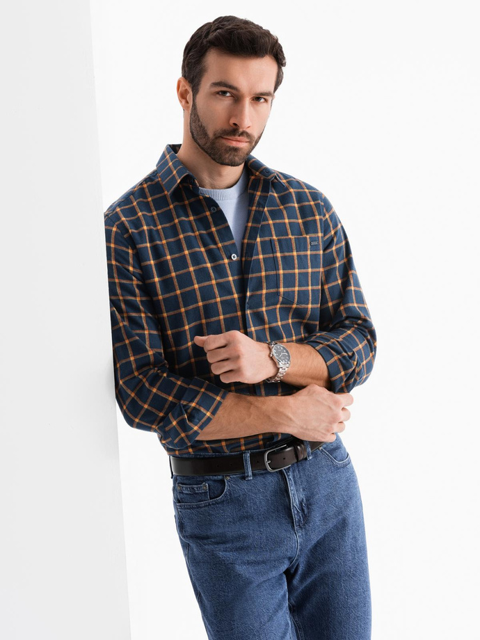 Cămașă de flanelă cu carouri SLIM FIT pentru bărbați - albastru marin și portocaliu V1 OM-SHCS-0145