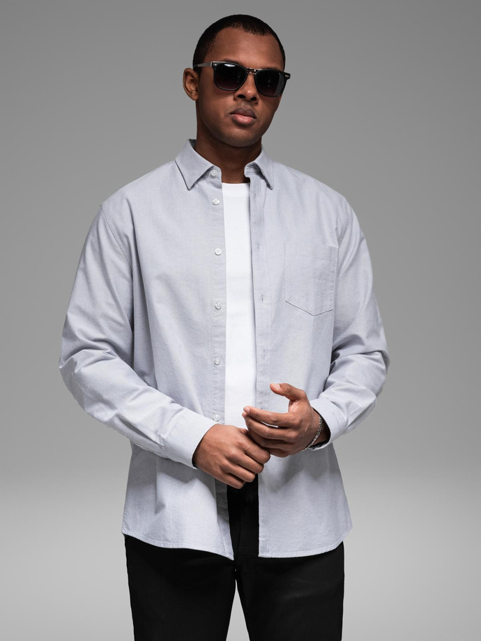 Cămașă oxford elegantă pentru bărbați cu broderie și buzunar - albastru V1 OM-SHOS-0173