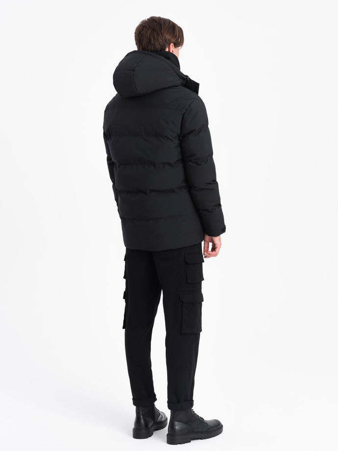 Men's winter jacket with detachable hood and cargo pockets - black V3 OM-JAHP-0152