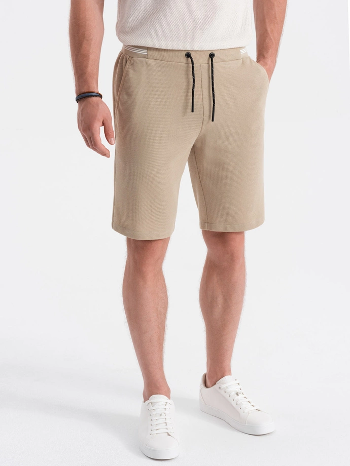 Men's knitted shorts with decorative elastic waistband - beige V3 OM-SRCS-0110