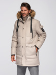 Men's long warm parka jacket with hood - beige V5 OM-JALJ-0182