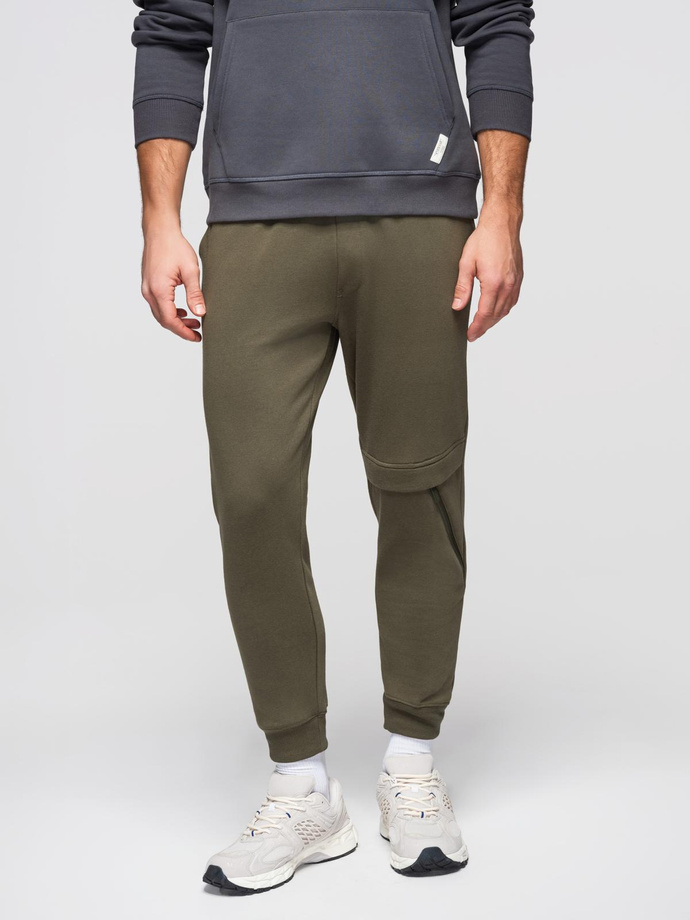 Pantaloni de trening pentru bărbați cu cusături și fermoar pe picior - olive V3 OM-PASK-0147